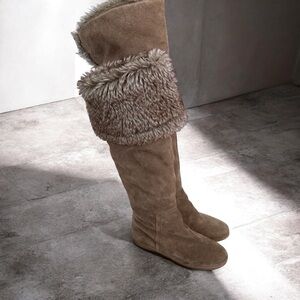 Sam Edelman Suede Faux Fur Fold Over Knee High Boots Brown Size 7